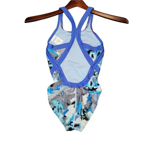 NIKE Blue Tie Dye Floral Fast Back Team Bathing 1pc Swim Suit NEW Girls 10  26 - Picture 3 of 7